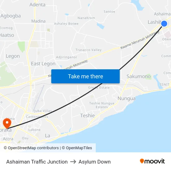 Ashaiman Traffic Junction to Asylum Down map