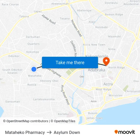 Mataheko Pharmacy to Asylum Down map