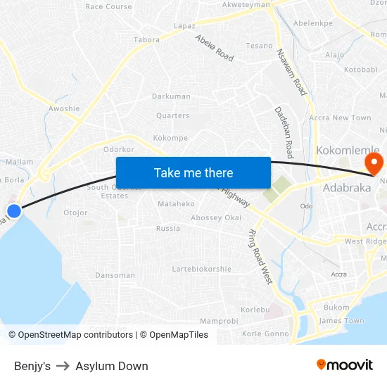Benjy's to Asylum Down map