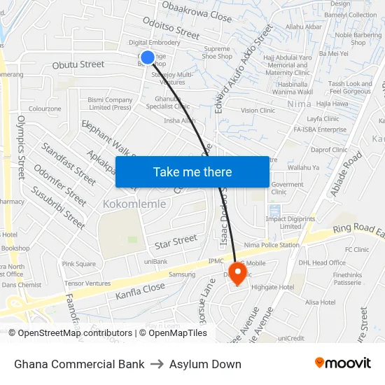 Ghana Commercial Bank to Asylum Down map