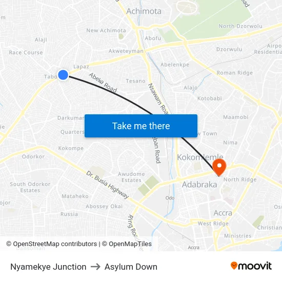 Nyamekye Junction to Asylum Down map