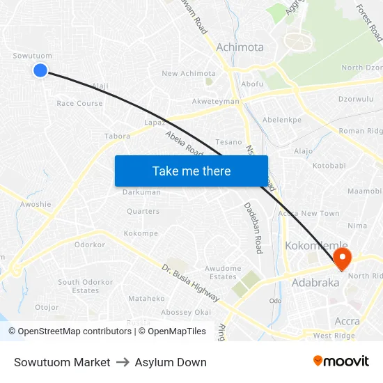 Sowutuom Market to Asylum Down map