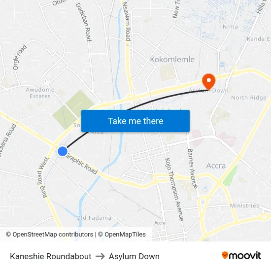 Kaneshie Roundabout to Asylum Down map