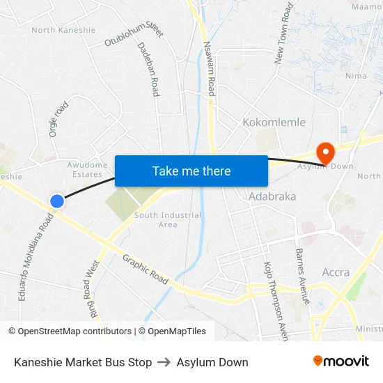 Kaneshie Market Bus Stop to Asylum Down map