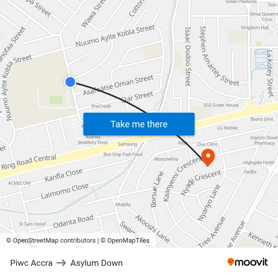 Piwc Accra to Asylum Down map