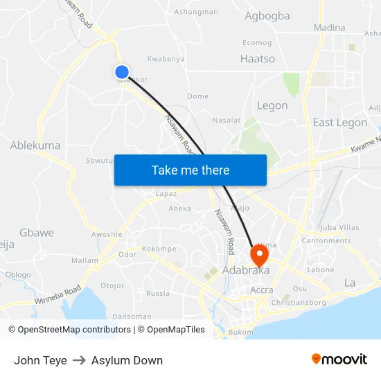 John Teye to Asylum Down map