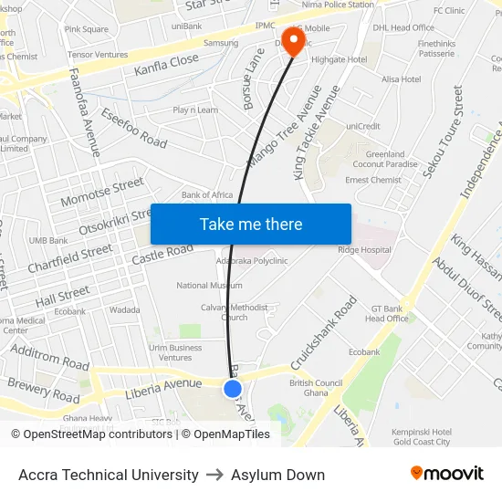 Accra Technical University to Asylum Down map
