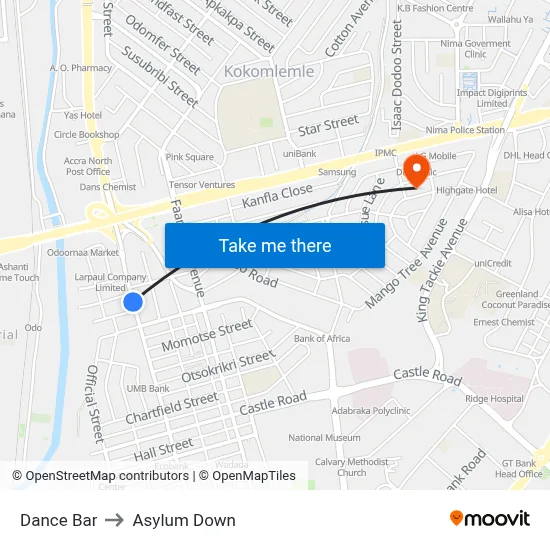 Dance Bar to Asylum Down map