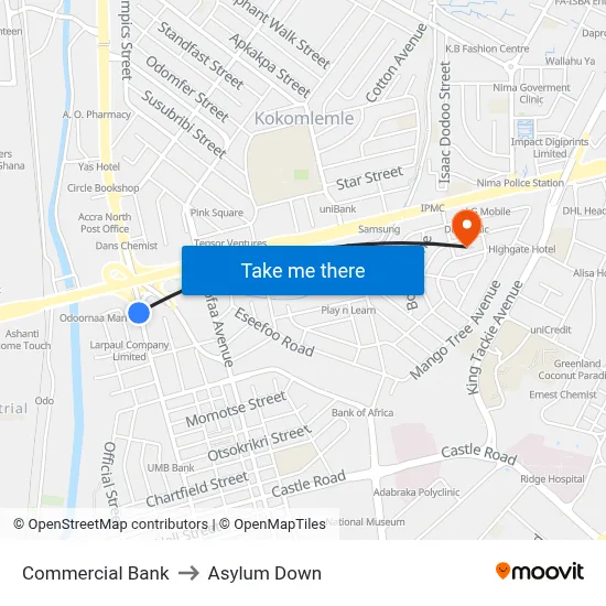 Commercial Bank to Asylum Down map