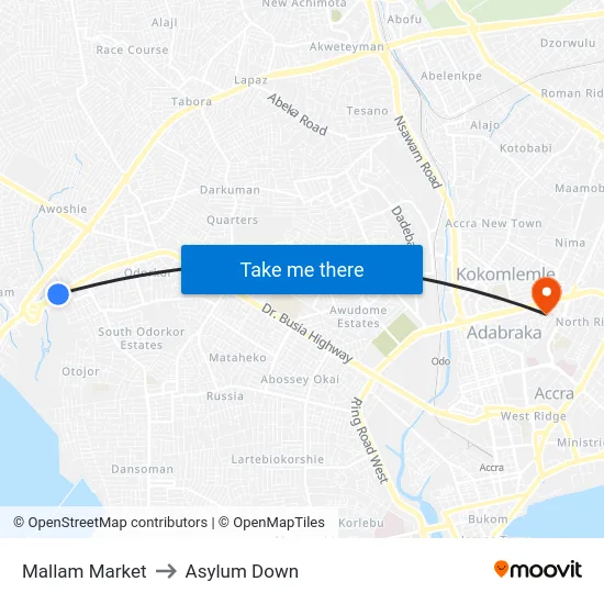 Mallam Market to Asylum Down map