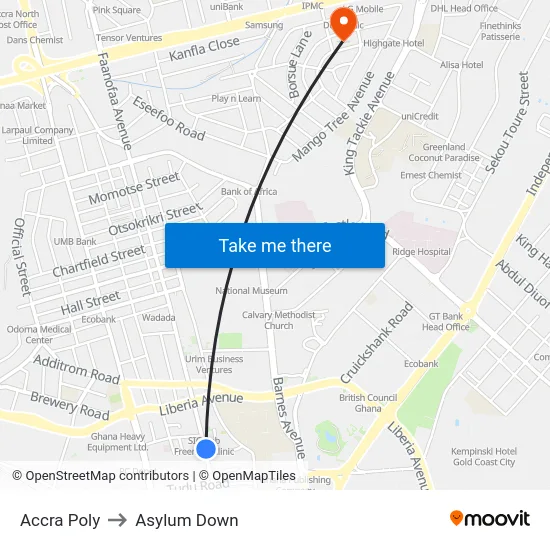 Accra Poly to Asylum Down map