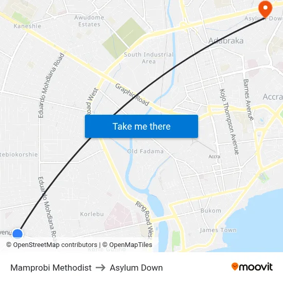 Mamprobi Methodist to Asylum Down map