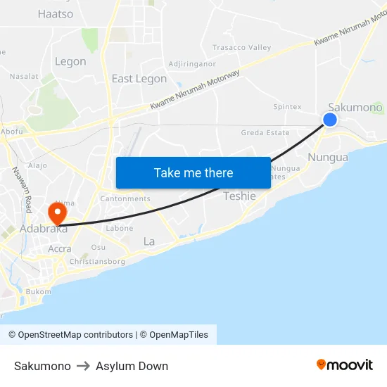 Sakumono to Asylum Down map