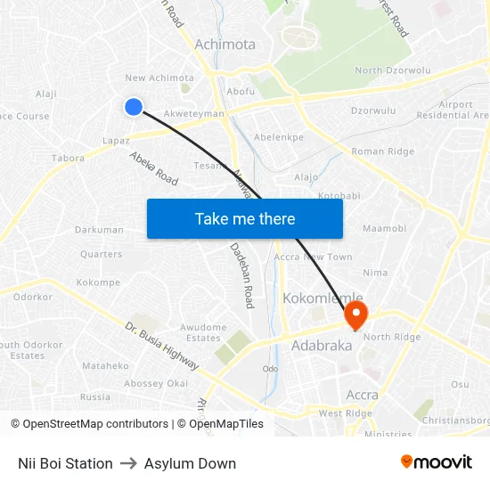 Nii Boi Station to Asylum Down map