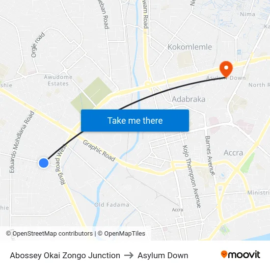 Abossey Okai Zongo Junction to Asylum Down map