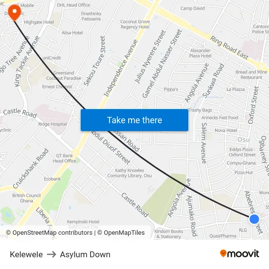 Kelewele to Asylum Down map