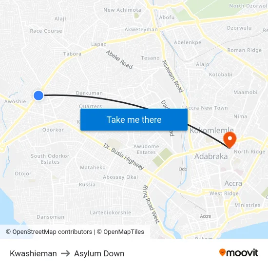 Kwashieman to Asylum Down map