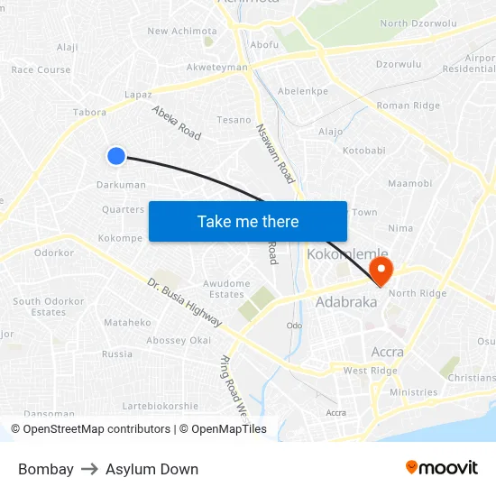 Bombay to Asylum Down map