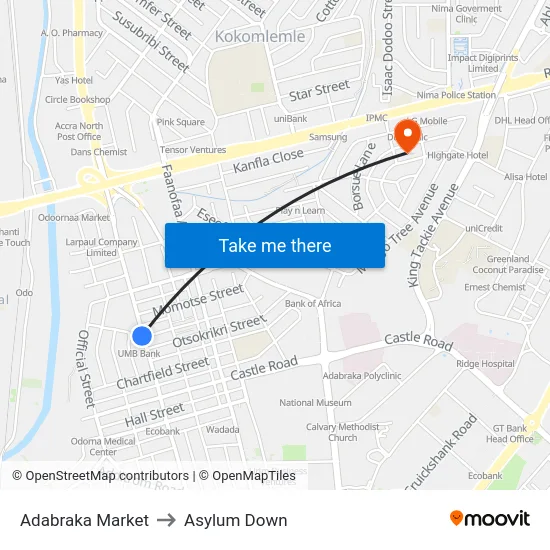 Adabraka Market to Asylum Down map