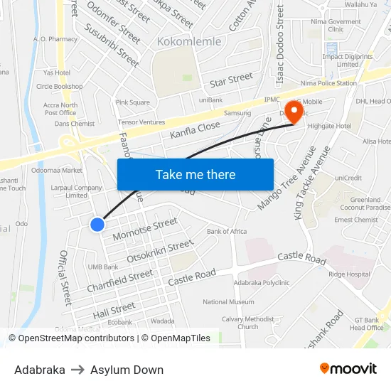 Adabraka to Asylum Down map