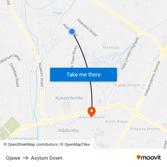 Ojawe to Asylum Down map