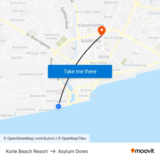 Korle Beach Resort to Asylum Down map