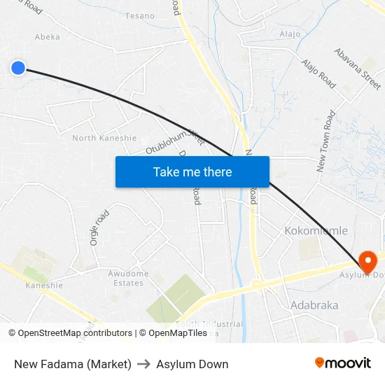 New Fadama (Market) to Asylum Down map