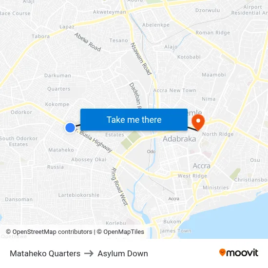 Mataheko Quarters to Asylum Down map