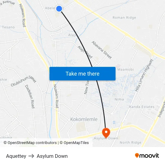 Aquettey to Asylum Down map