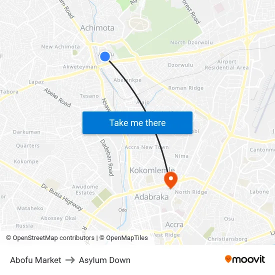 Abofu Market to Asylum Down map
