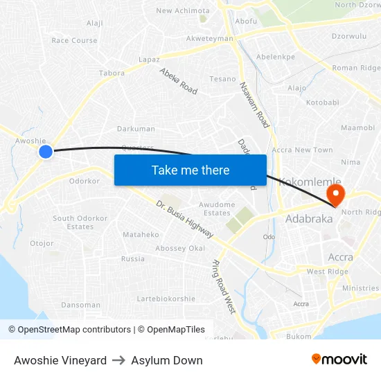 Awoshie Vineyard to Asylum Down map