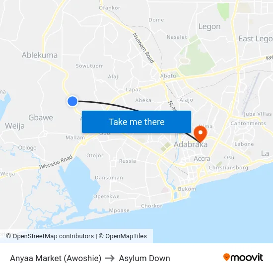Anyaa Market (Awoshie) to Asylum Down map