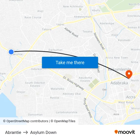 Abrantie to Asylum Down map