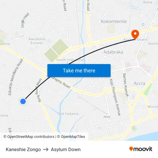Kaneshie Zongo to Asylum Down map