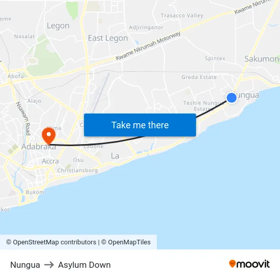 Nungua to Asylum Down map