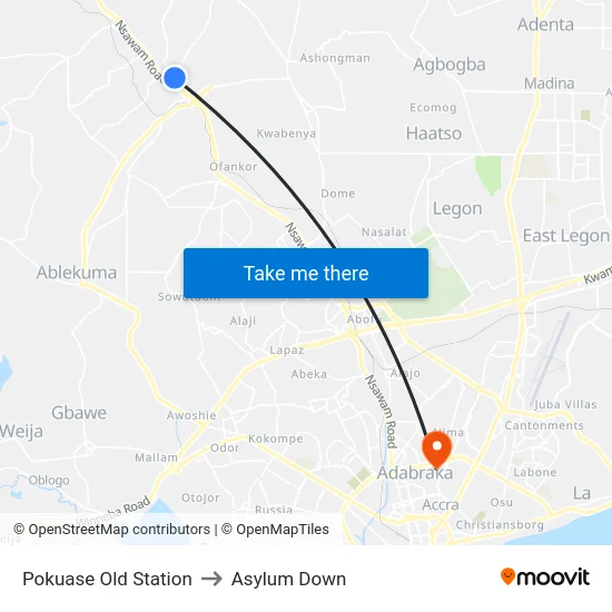 Pokuase Old Station to Asylum Down map