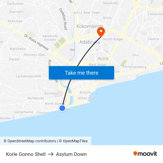 Korle Gonno Shell to Asylum Down map