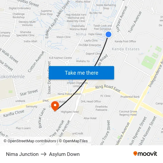 Nima Junction to Asylum Down map