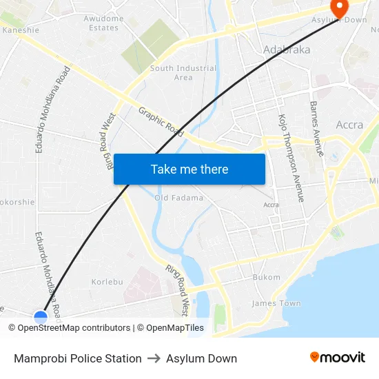 Mamprobi Police Station to Asylum Down map