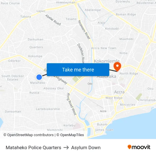 Mataheko Police Quarters to Asylum Down map