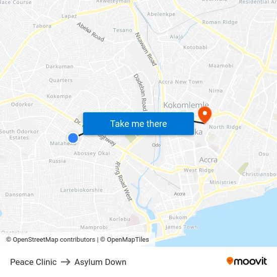 Peace Clinic to Asylum Down map