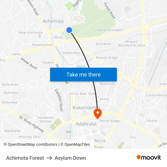 Achimota Forest to Asylum Down map