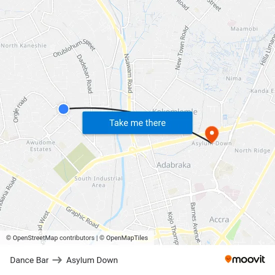 Dance Bar to Asylum Down map