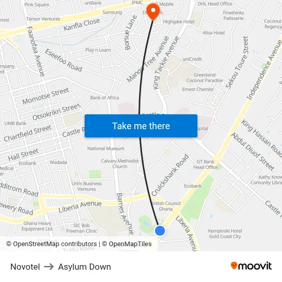Novotel to Asylum Down map