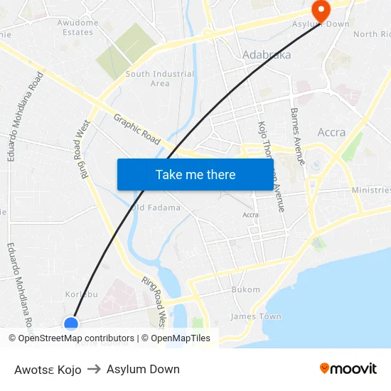 Awotsɛ Kojo to Asylum Down map