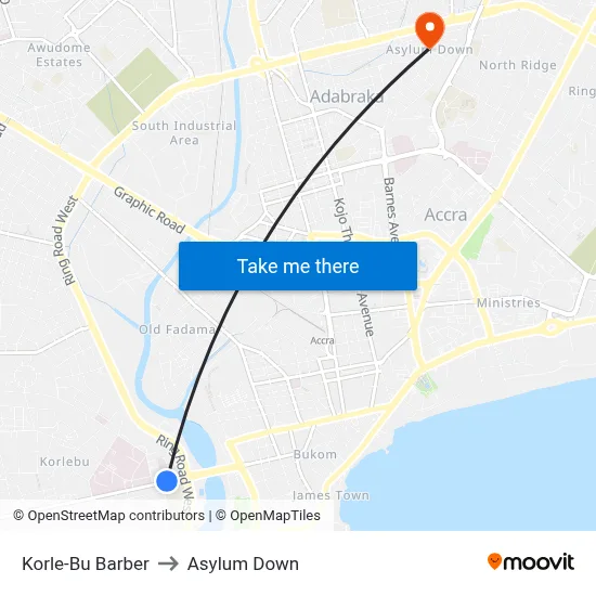 Korle-Bu Barber to Asylum Down map
