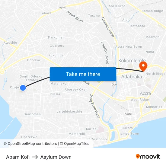 Abam Kofi to Asylum Down map