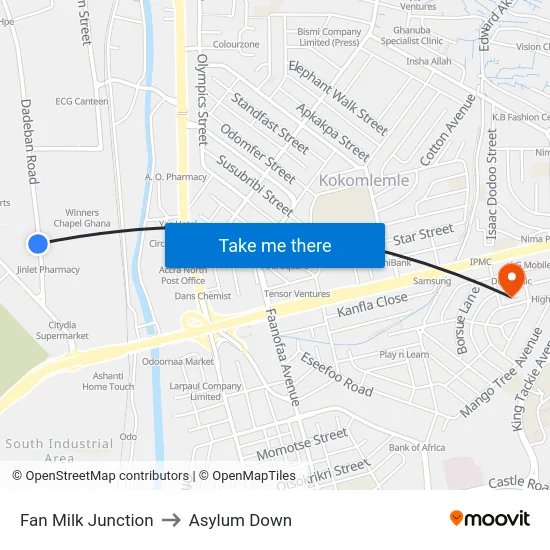 Fan Milk Junction to Asylum Down map