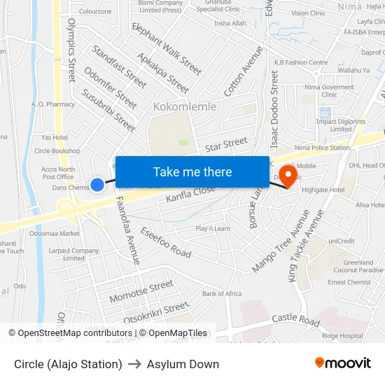 Circle (Alajo Station) to Asylum Down map