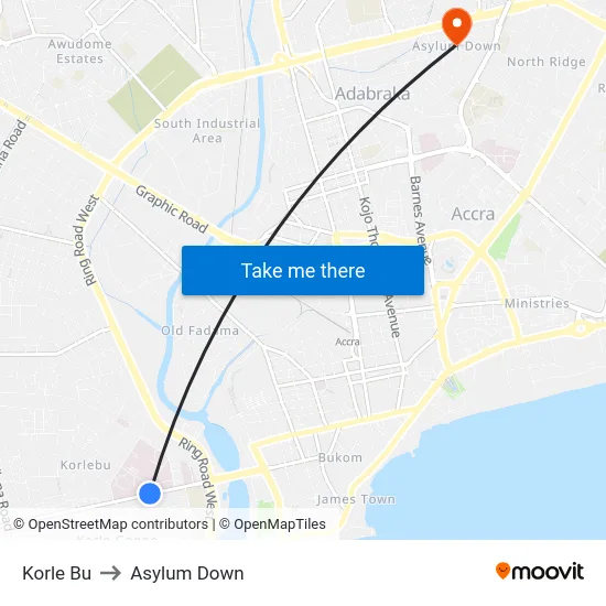 Korle Bu to Asylum Down map